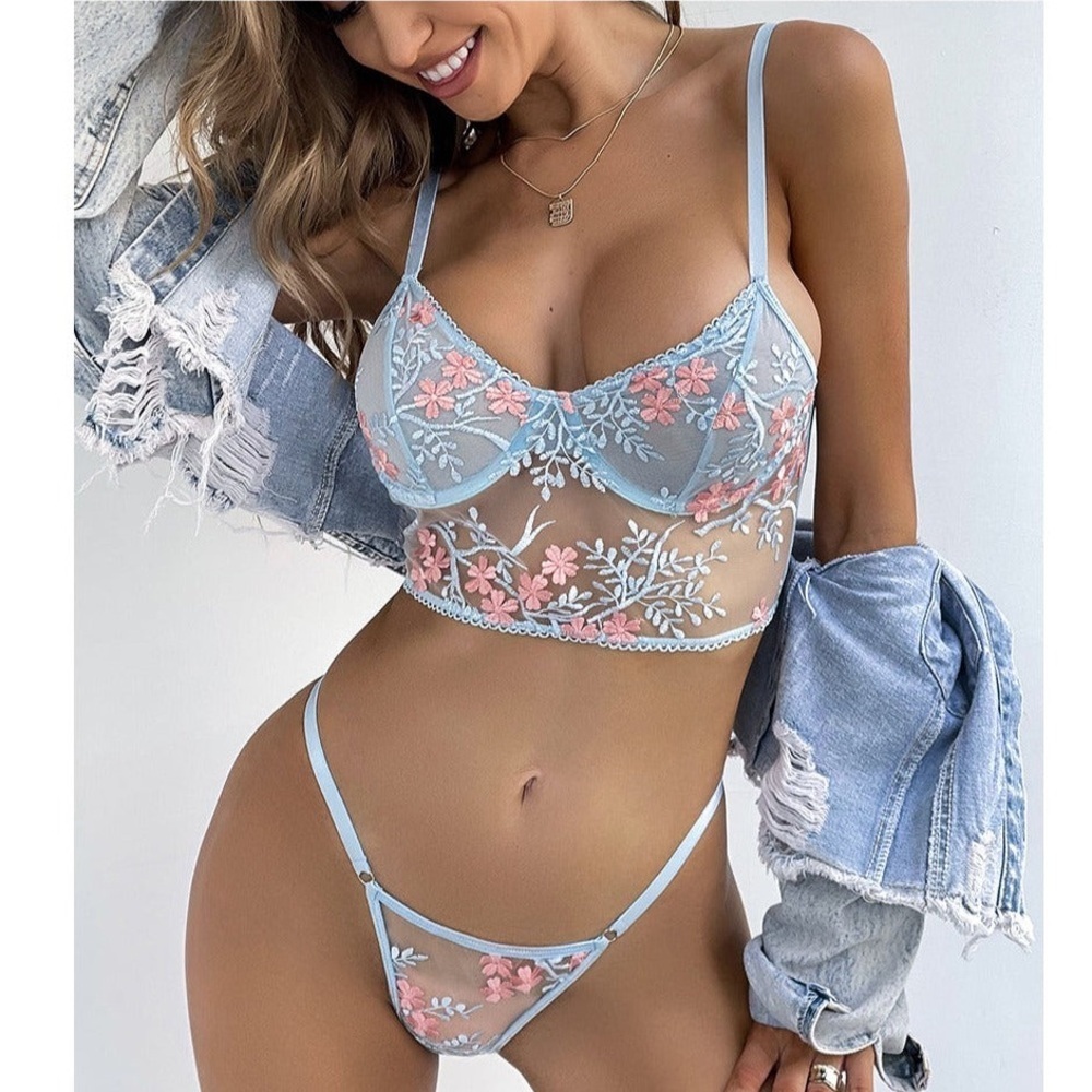 NWT Pleasing Strings Floral Embroidery Bustier Cami Top & Thong Panty Set - Picture 2 of 4
